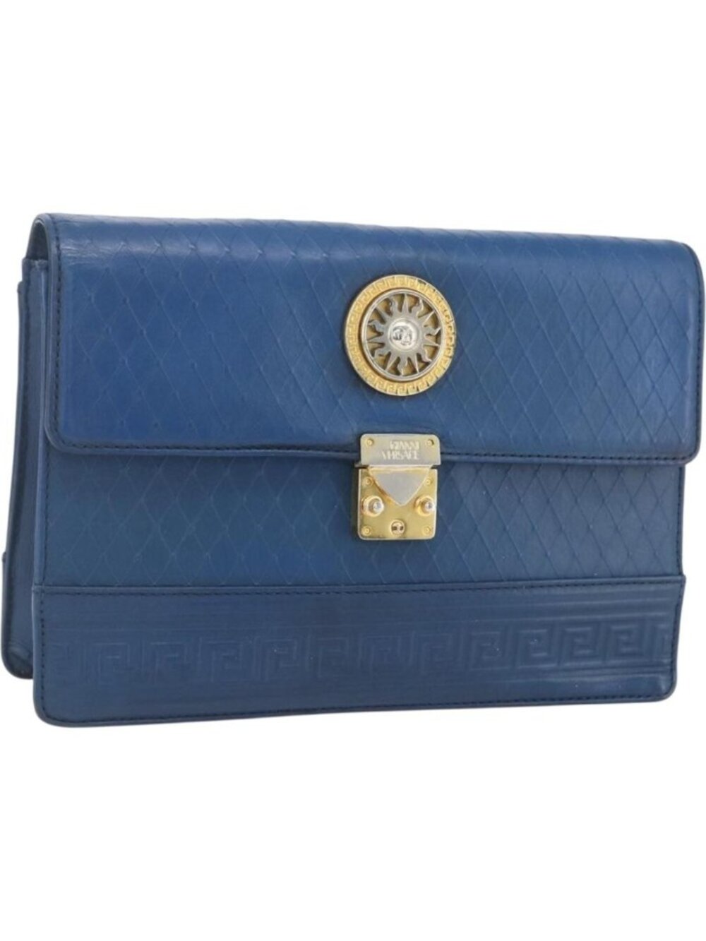 Gianni Versace Clutch Bag Leather Blue Gold